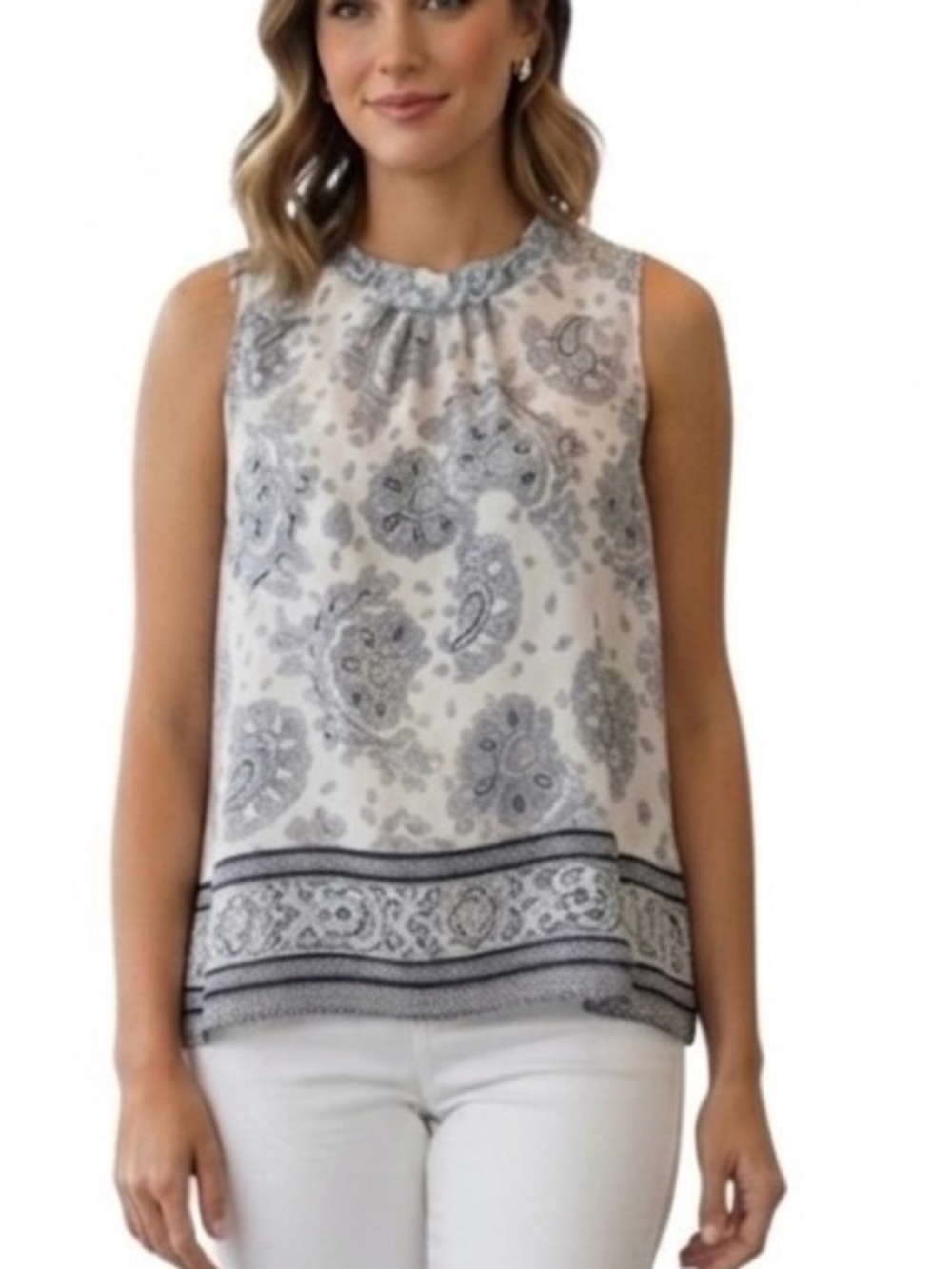 Daniel Rainn White and Blue Paisley Sleeveless Blouse